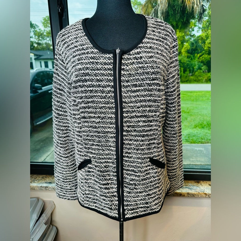 Roz & Ali Monochrome Black Beige Jacket Zippered Cardigan Size XL